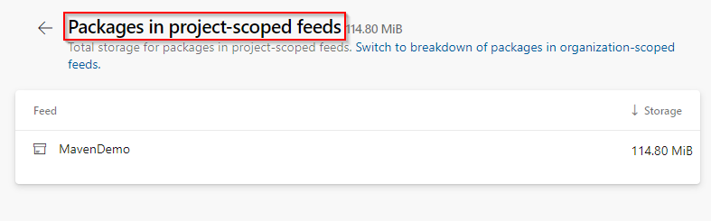 Screenshot: Gesamtspeicher für Pakete in projektbezogenen Feeds