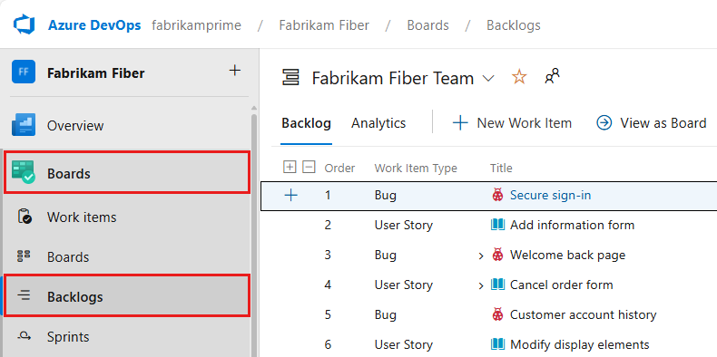 Screenshot der Sequenzauswahl zum Öffnen von Backlogs in Boards.