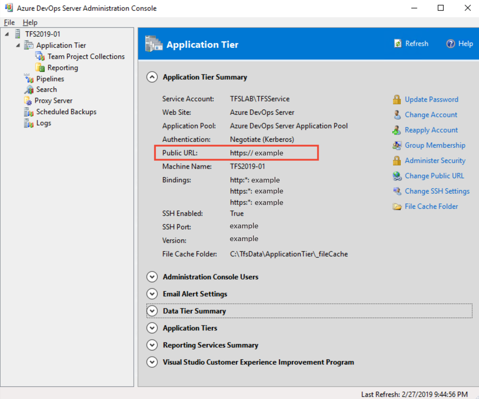 Screenshot der Azure DevOps Server-Verwaltungskonsole, Anwendungsebene.