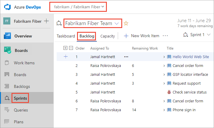 Öffnen des Arbeitselements „Sprints“ für ein Team