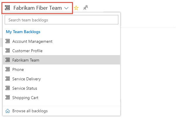 Screenshot zum Auswählen eines anderen Teams, Azure DevOps Server 2019.