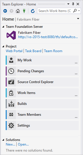 Team Explorer-Startseite mit Team Foundation-Versionskontrolle (TFVC) als Quellcodeverwaltung