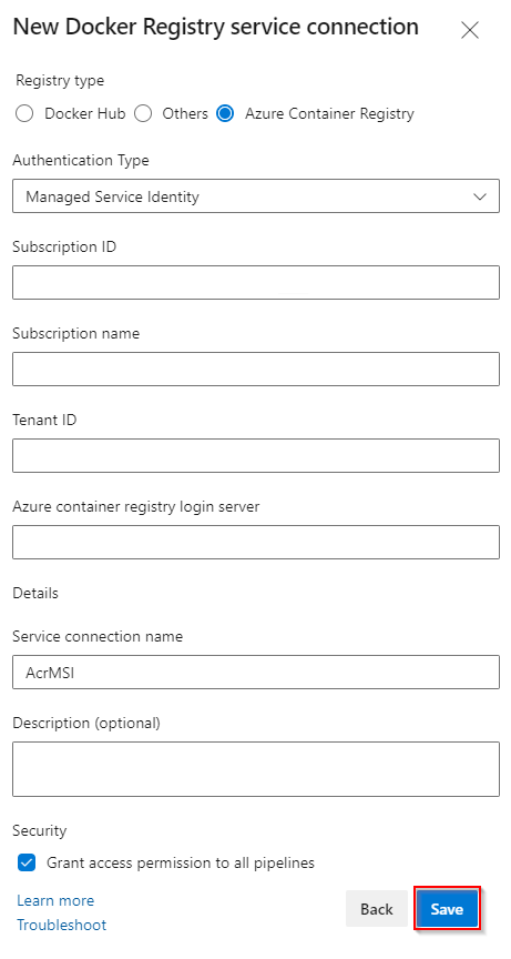 Screenshot: Einrichten von Dienstverbindungs-MSI für eine Docker-Registrierung