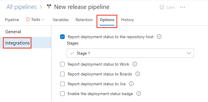 Screenshot: Integrationsoptionen für klassische Pipelines