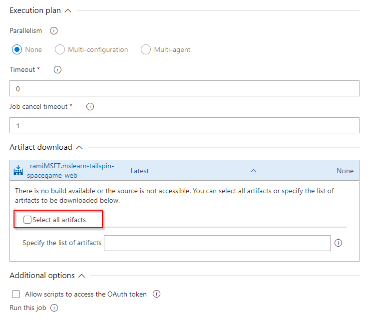 Screenshot, der zeigt, wie sie den automatischen Artefaktdownload in einer klassischen Releasepipeline in Azure DevOps Services überspringen.