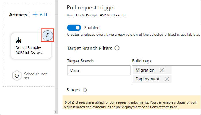 Screenshot, der zeigt, wie Pullanforderungstrigger in einer Releasepipeline konfiguriert werden.