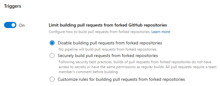 Screenshot der zentralisierten Steuerelementeinstellungen für die Erstellung von PRs aus verzweigten GitHub-Repositorys durch Pipelines.