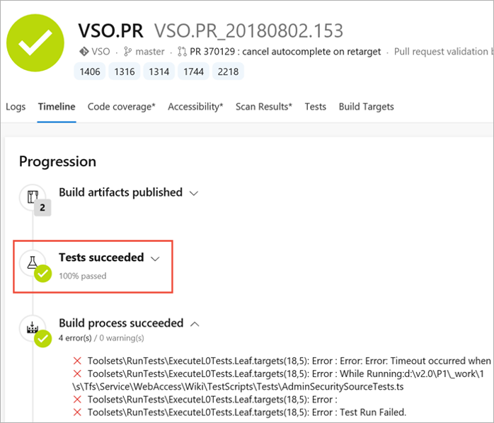 Anzeigen des Tests in der Zeitleistenansicht des Builds