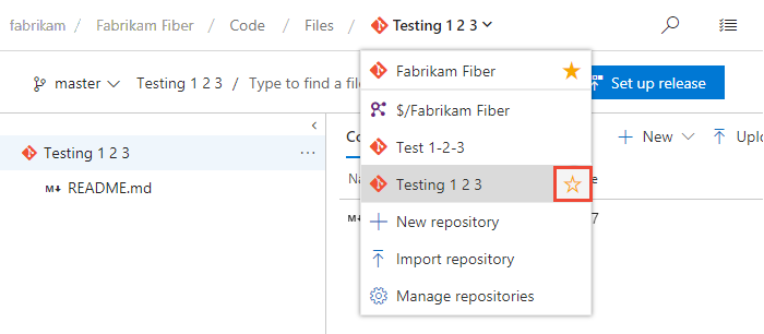 Codeseite, Repositoryauswahl, Symbol 