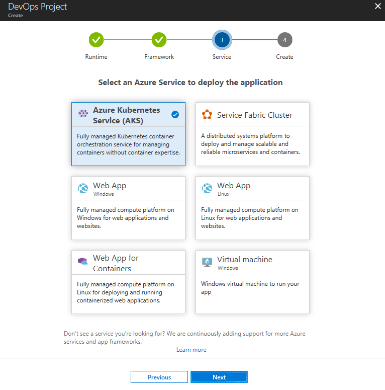 Wählen Sie einen Azure-Dienst aus, um die Anwendung bereitzustellen.