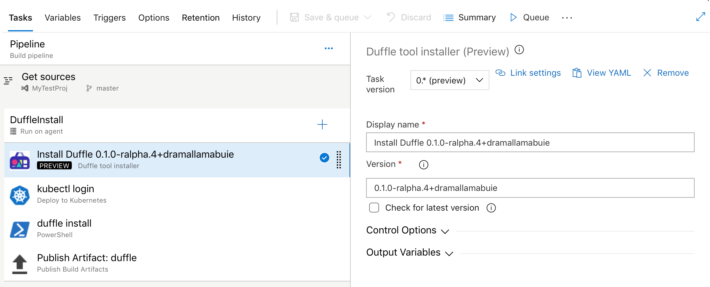 Installationsprogrammaufgabe des Duffle-Tools in der Build- und Releasepipeline.