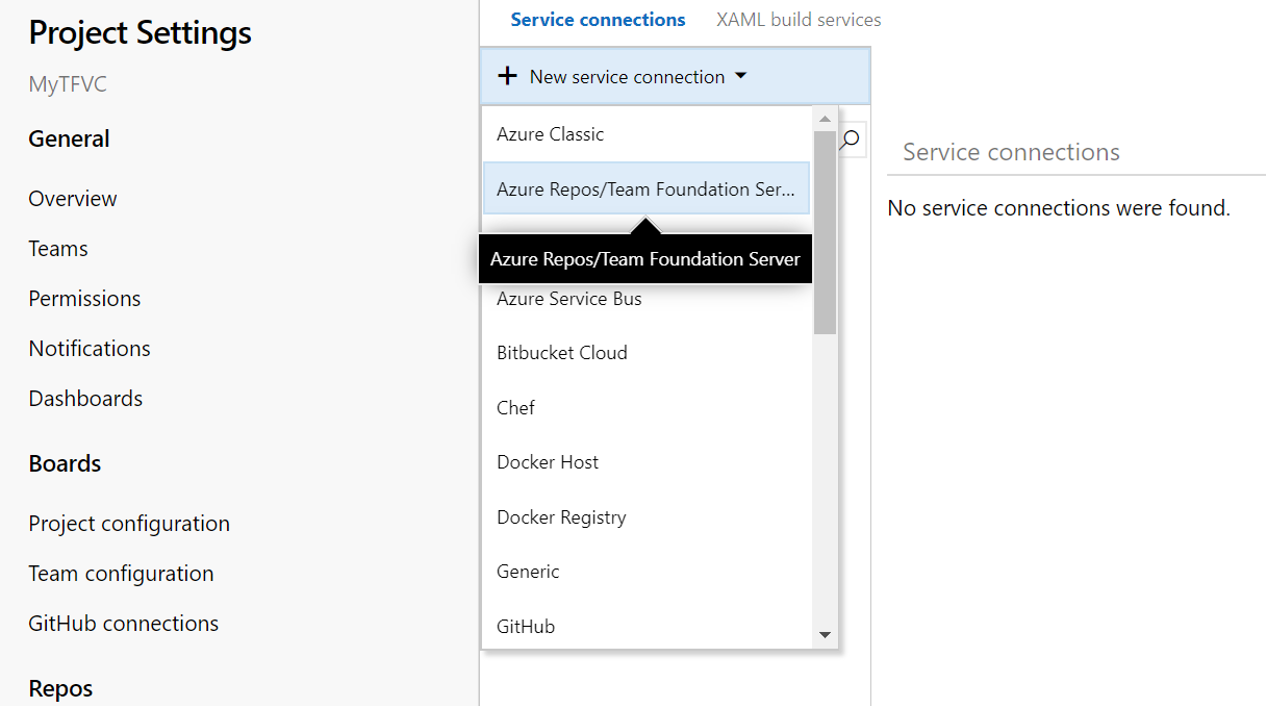 MyServiceConnection muss eine Azure Repos/Team Foundation Server-Dienstverbindung sein.