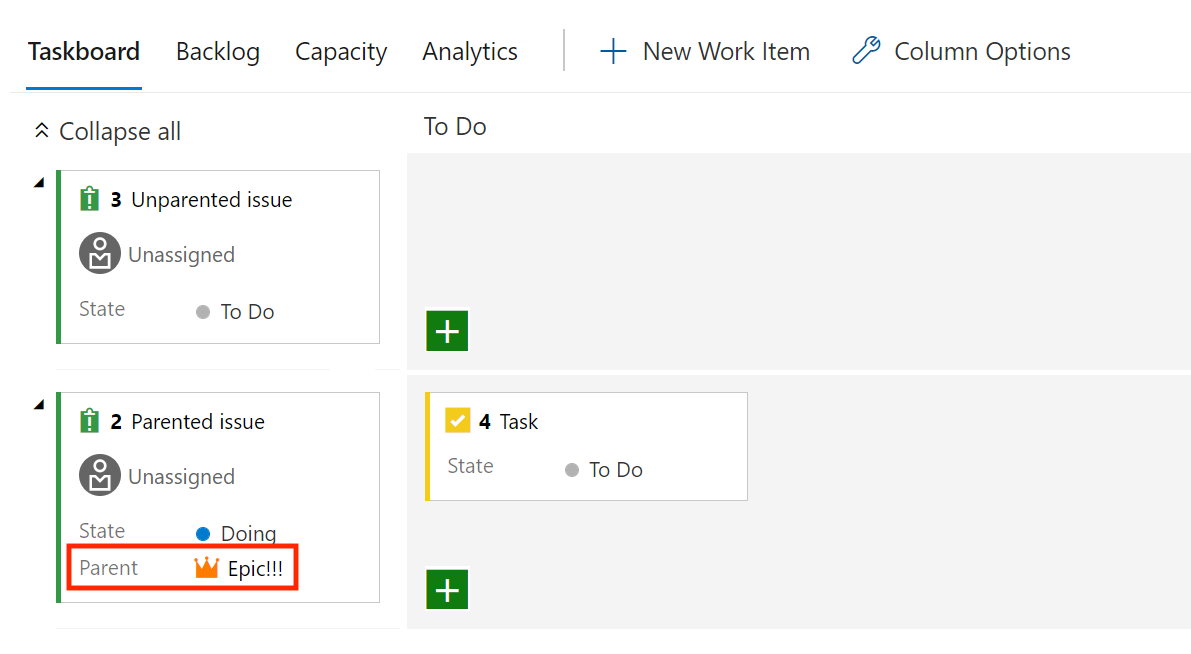 Taskboard für übergeordnetes Feld