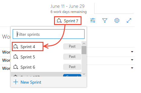 Der Screenshot zeigt, dass Sie einen vergangenen Sprint aus der Sprintauswahl auswählen können.