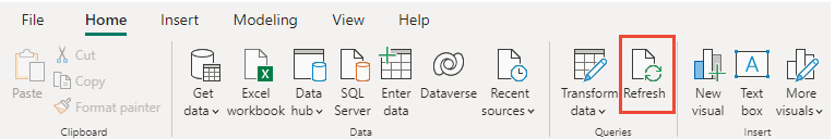 Screenshot von Power BI, Berichtsdaten aktualisieren.