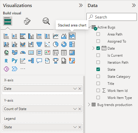 Screenshot der Auswahl von Power BI-Visualisierungen und -Feldern für den Bericht 