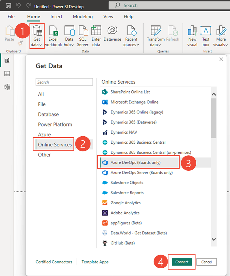 Screenshot von Power BI, Herstellen einer Verbindung mit Azure DevOps (nur Boards)