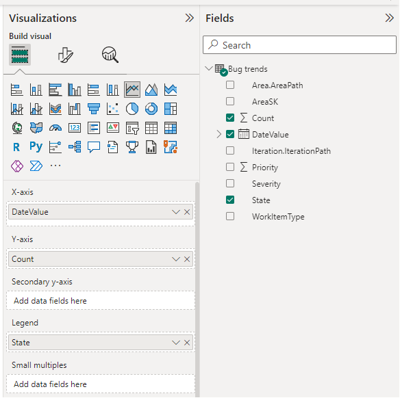 Screenshot der Auswahl von Power BI-Visualisierungen und -Feldern für den Bericht 