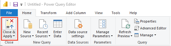 Screenshot von Power BI Power Query-Editor, Schließen und Anwenden.