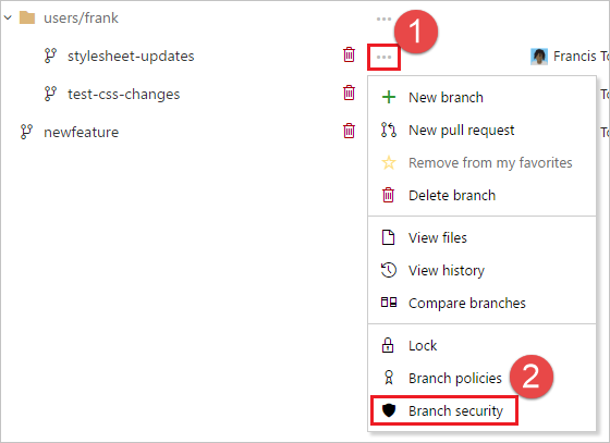 Öffnen der Seite für Branchberechtigungen über das Kontextmenü für Branches