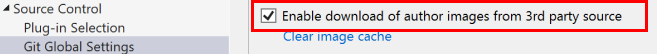 Screenshot: Kontrollkästchen zum Aktivieren des Downloads von Autorenbildern aus einer Drittanbieterquelle im Dialogfeld „Optionen“ in Visual Studio.
