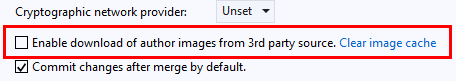 Screenshot: Kontrollkästchen zum Aktivieren des Downloads von Autorenbildern aus einer Drittanbieterquelle in Team Explorer in Visual Studio 2019.