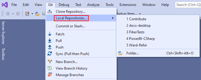 Screenshot: Option „Lokale Repositorys“ im Git-Menü in Visual Studio.