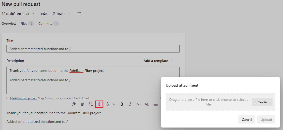 Screenshot der Anfügung von Dateien an die PR-Beschreibung während der Erstellung.