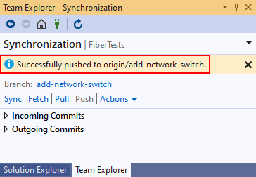 Screenshot: Bestätigungsmeldung für Pushvorgang in Team Explorer in Visual Studio 2019