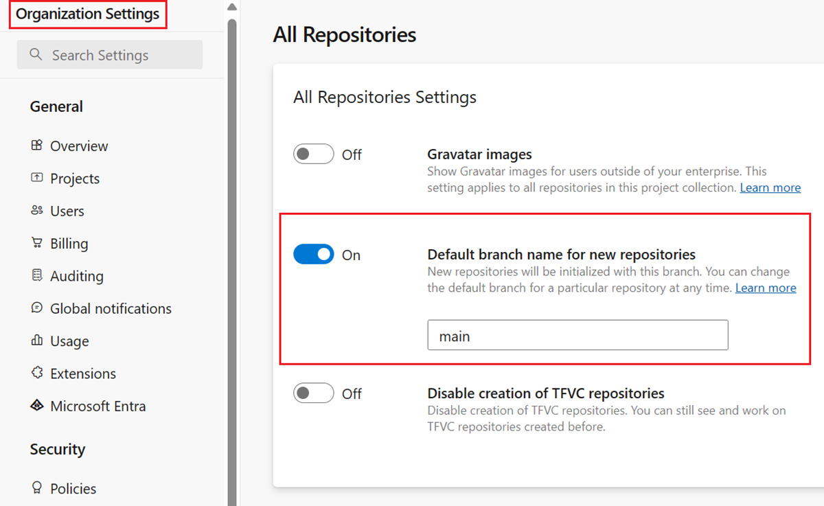 Screenshot der Einstellung „Standardbranchname für neue Repositorys“ auf Organisationsebene.