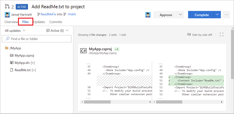 Screenshot: Vergleichsansicht einer Datei auf der Registerkarte „Dateien“ eines Azure Repos-PRs