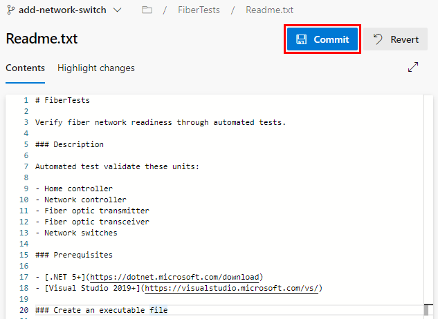 Screenshot: Schaltfläche „Commit“ in Azure Repos