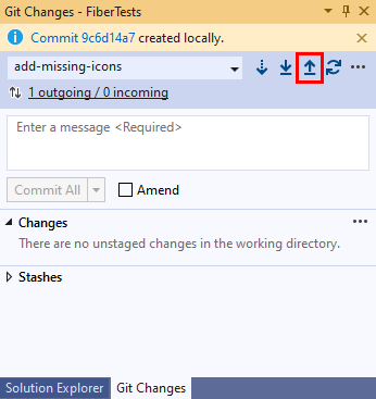 Screenshot: Schaltfläche „Nach oben“ im Fenster „Git-Änderungen“ in Visual Studio.