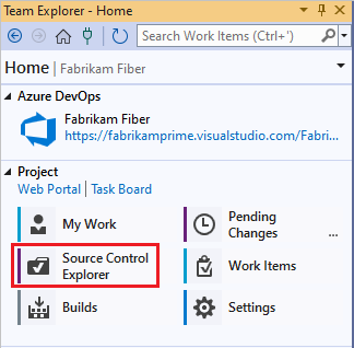 Screenshot der Startseite des Team Explorers mit ausgewähltem Quellcodeverwaltungs-Explorer.