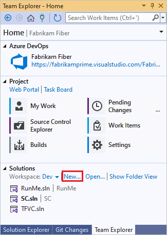 Screenshot der Startseite des Team Explorers mit der Neu unter Lösungen hervorgehoben.