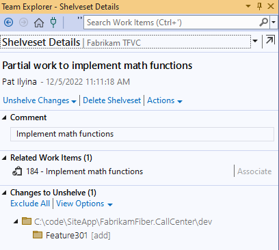 Screenshot: Seite „Details zum Shelveset“ in Team Explorer. Der Name des Shelvesets, der Kommentar, die Arbeitselemente und die Änderungen werden angezeigt