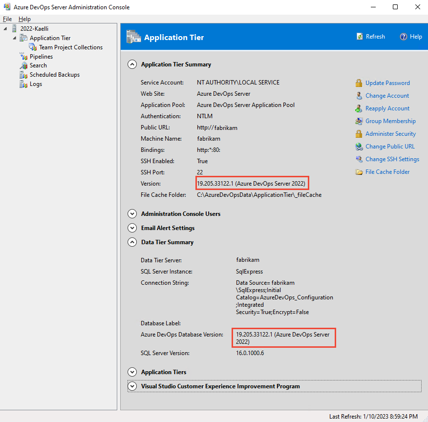 Screenshot der Azure DevOps Server-Verwaltungskonsole, Seite 