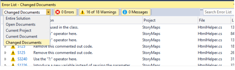 Die Filterung der Visual Studio-Fehlerliste wird anhand geänderter Dateien gesteuert