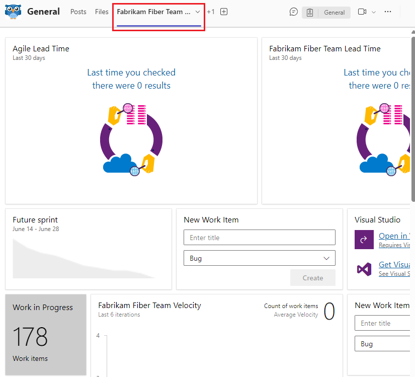 Screenshot eines Dashboards für ein Azure DevOps-Projekt in Teams.