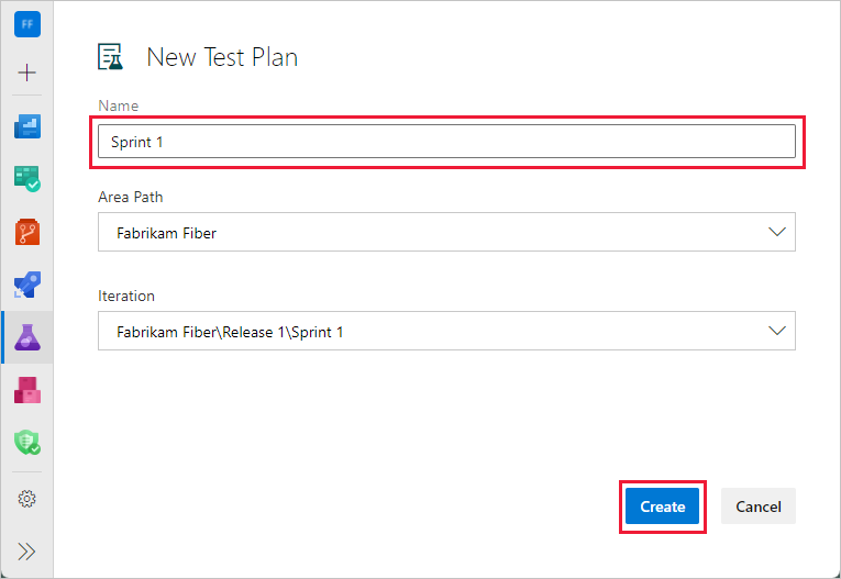 Screenshot des Hinzufügens von Testplandetails für Azure DevOps Server 2020 und Azure DevOps Services.