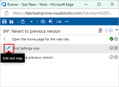 Screenshot zeigt, wie Sie das Bearbeitungssymbol zum Bearbeiten von Testschritten auswählen.
