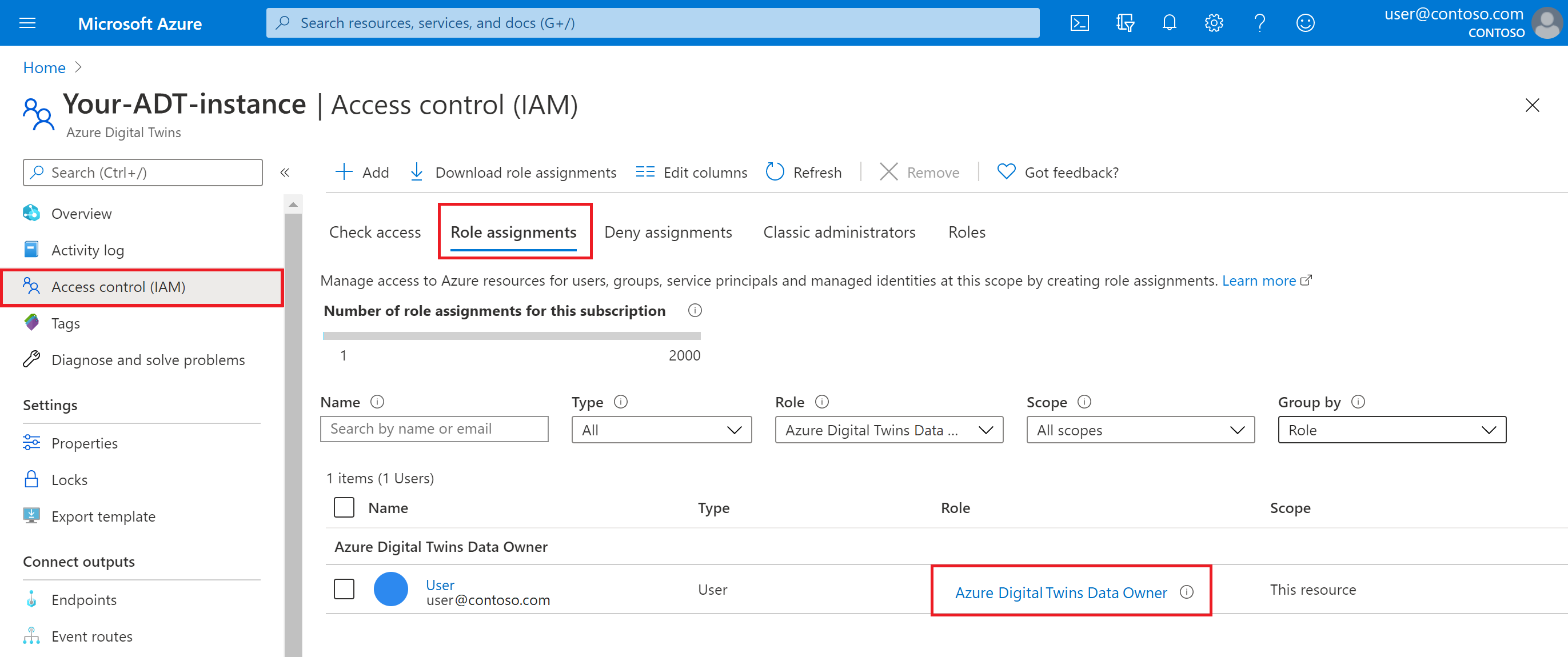 Screenshot der Rollenzuweisungen für eine Azure Digital Twins-Instanz im Azure-Portal.