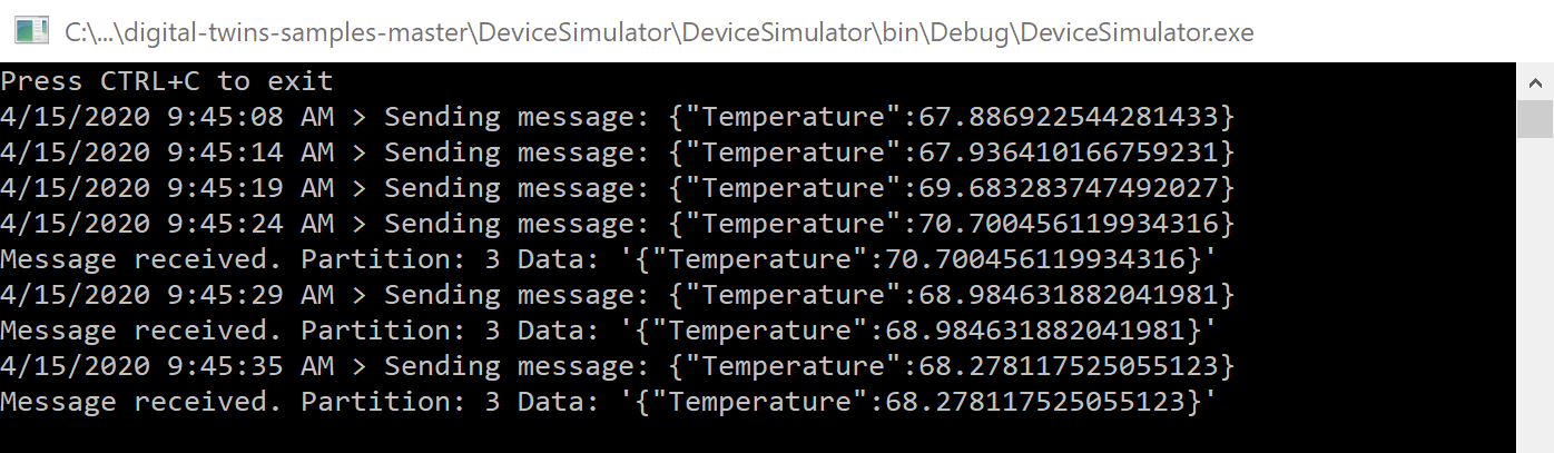 Screenshot: Konsolenausgabe des Gerätesimulators mit gesendeten Telemetriedaten zur Temperatur