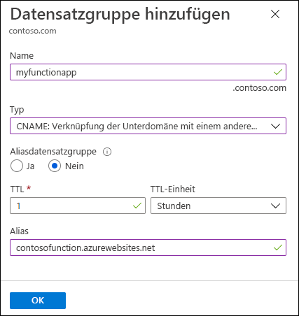 Screenshot: Seite „Datensatzgruppe hinzufügen“ in Funktions-App