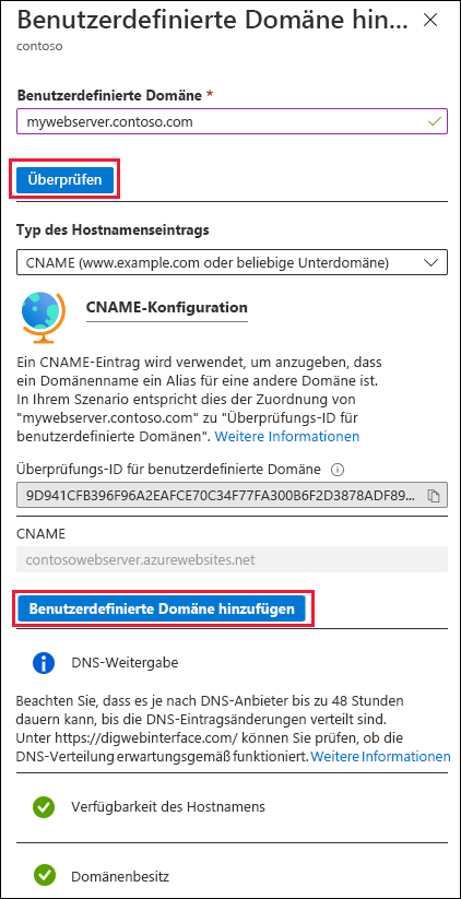 Screenshot: Seite „Benutzerdefinierte Domäne hinzufügen“ für Web-App