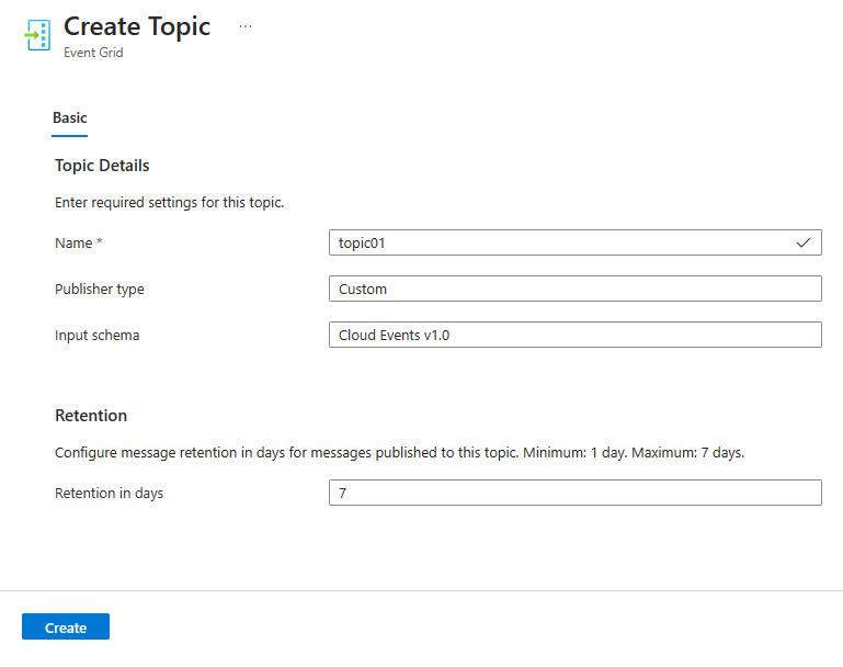 Screenshot: Grundlagen der Erstellung des Event Grid-Namespacethemas.