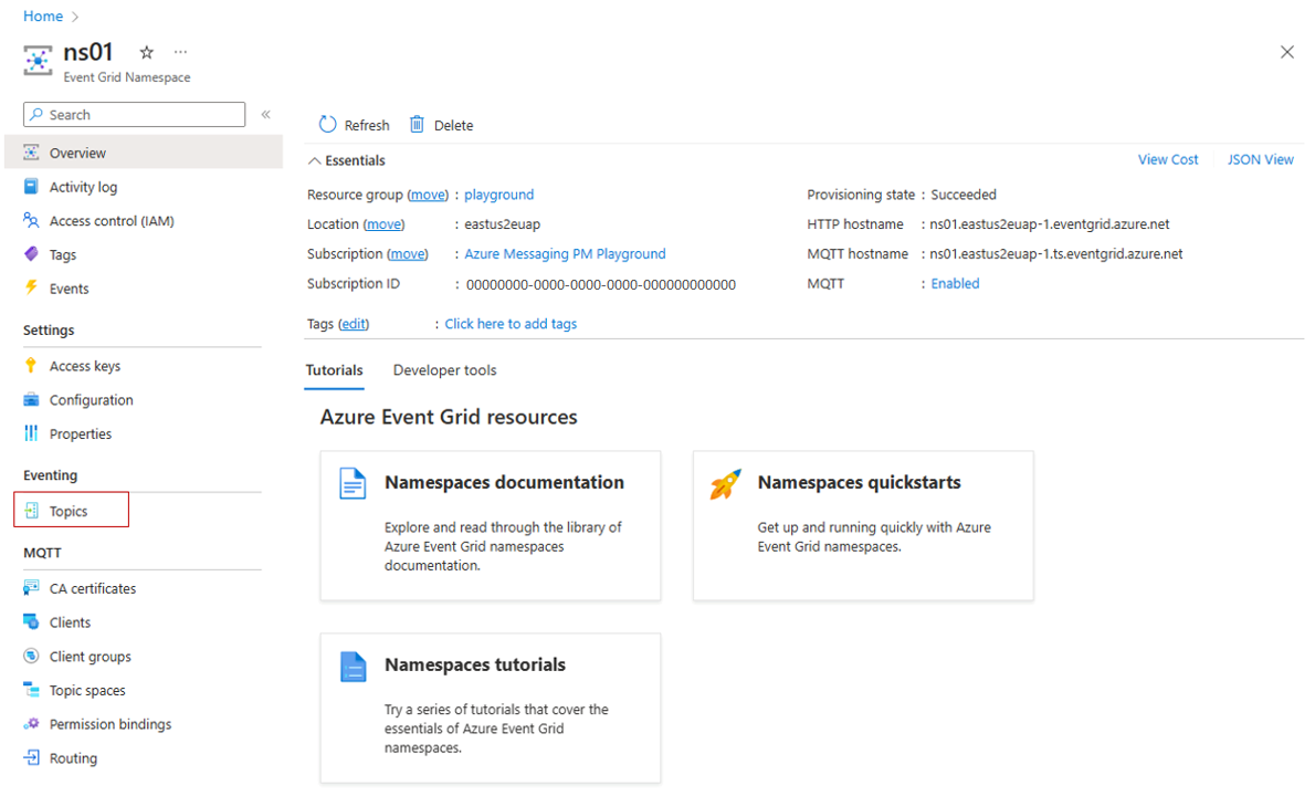 Screenshot: Abschnitt „Event Grid-Namespacethema“.