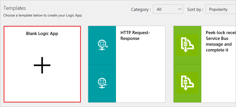 Screenshot: Azure Logic Apps-Vorlagen mit ausgewählter Vorlage „Leere Logik-App“