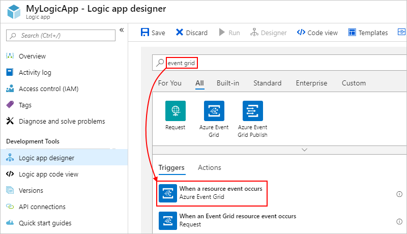 Screenshot: Workflow-Designer mit dem ausgewählten Azure Event Grid-Trigger