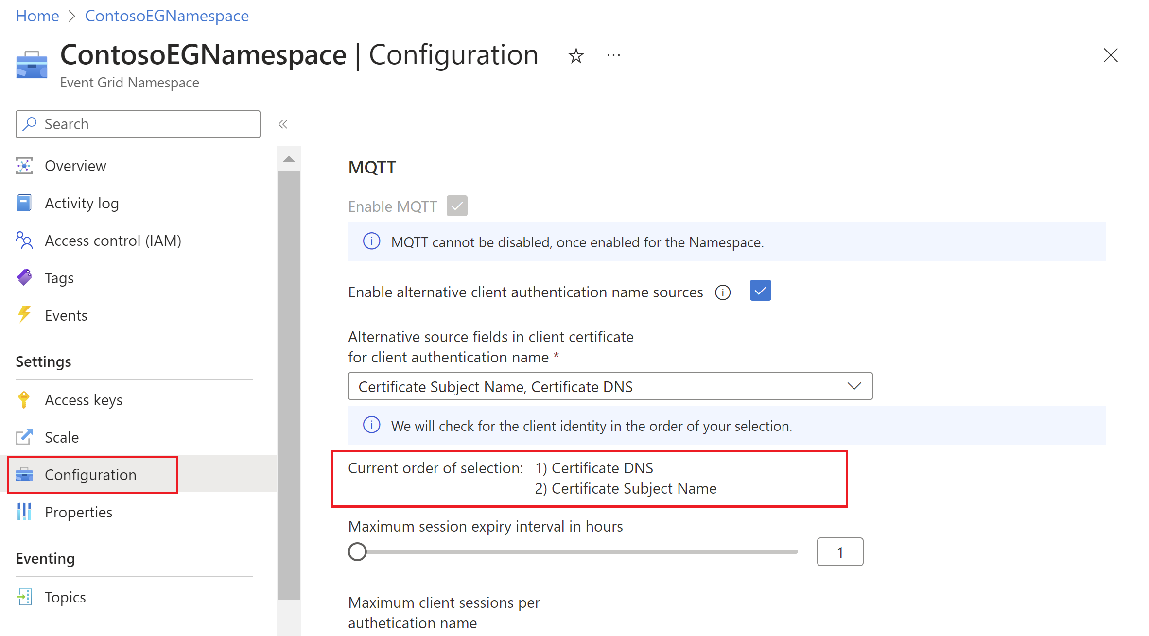 Screenshot: Konfigurationsseite für Namespace mit den Einstellungen für den Namen der alternativen Quelle der Clientauthentifizierung